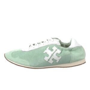 Tory Burch Green and White Retro Leather Color Block Sneakers